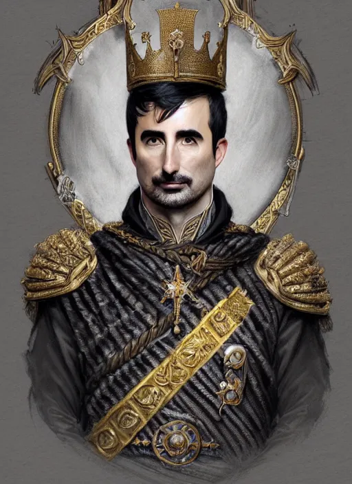 Image similar to portrait of lord john oliver as stoic king, royalty, extravagant, lord, full body, military uniform, fantasy, intricate, elegant, beautiful, highly detailed, charcoal, centered, dark, smokey, digital painting, artstation, concept art, art by artgerm and greg rutkowski and alphonse mucha