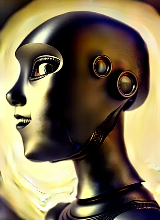 Image similar to a beautiful young female futuristic robot profile face, daguerrotype, closeup - view, f / 2. 8, low contrast, 1 6 k, beautiful lighting, reflective, in a symbolic and meaningful style, surreal dreamy poetic