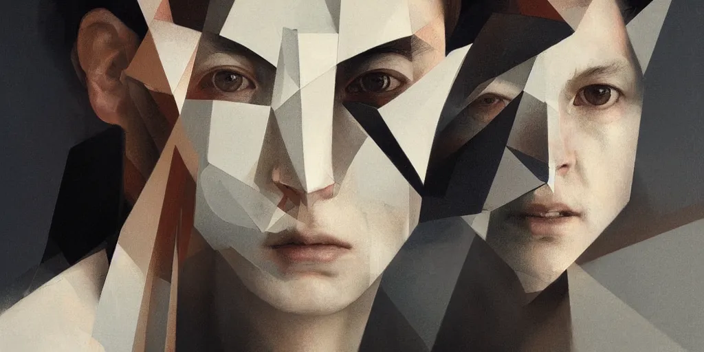 Image similar to highly detailed portrait of a portrait geometric face modernist bauhaus minimalism, by greg rutkowski and fujimoto tatsuki, dramatic lighting, dynamic pose, dynamic perspective
