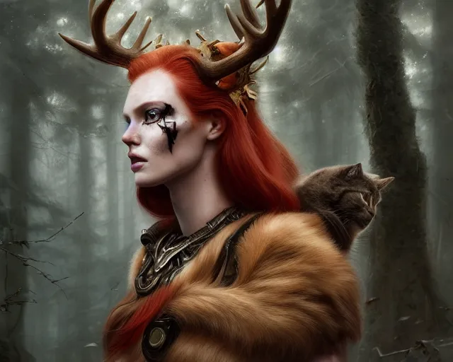 Image similar to 5 5 mm portrait photo of an armored gorgeous aesthetic redhead woman warrior with a face tattoo and antlers growing from her head and cat on her shoulder, in a magical forest. art by greg rutkowski. highly detailed 8 k. intricate. lifelike. soft light. nikon d 8 5 0.