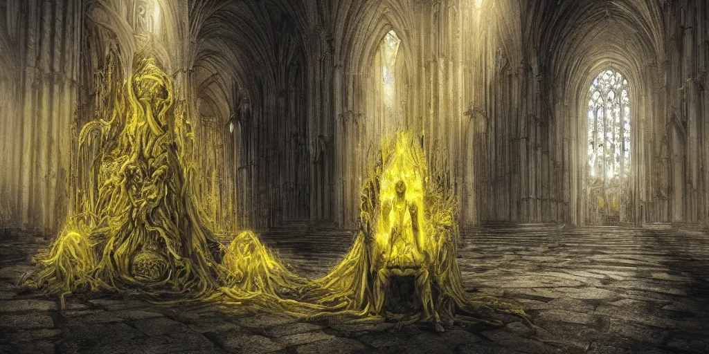 Image similar to a tall towering huge pale human wearing a yellow garment sitting upon an ornate stone throne, 4K, digital art, lovecraftian, lovecraft art, artstation, horror, dramatic, wearing a long yellow rotting garment, dark, hyperrealistic, dramatic perspective, complex (((dark))) cathedral background, dark background, highlights,