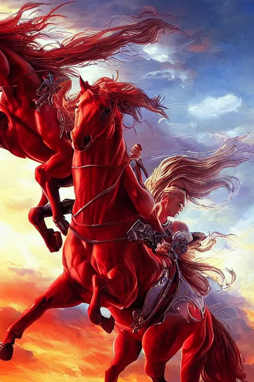 Prompt: the first singular horseman of the apocalypse riding a red stallion, horse is up on it's hindlegs, the rider carries a large sword, flames from the ground, artwork by artgerm and rutkowski, breathtaking, dramatic