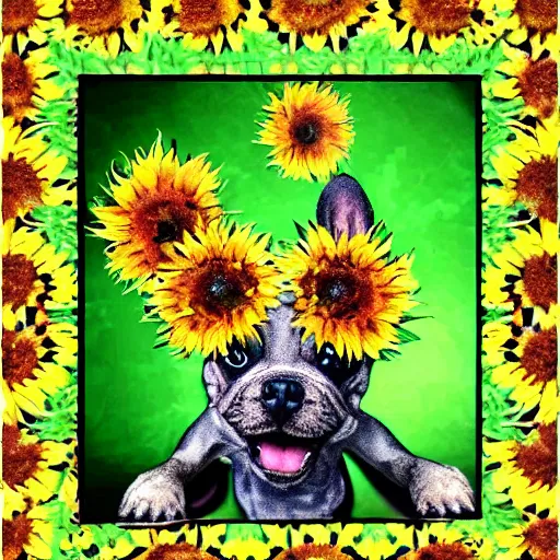 Image similar to cute little doggie puppy made completely out of sunflowers 8 k psychedelic deepdream