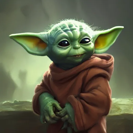 Image similar to A cute baby yoda smiling whilst holding his cute pet, art by Andreas Rocha and greg rutkowski, highly detailed, digital painting, matte painting, concept art, illustration, warm lighting, trending on artstation, very detailed