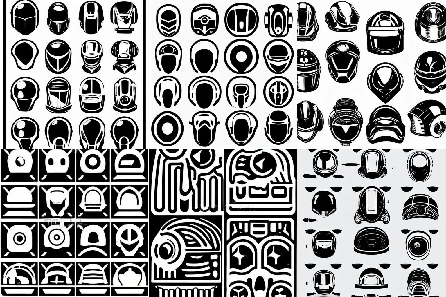 Prompt: sci-fi helmets black and white vintage icons digital vector asset pack
