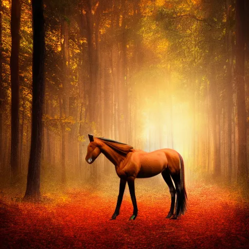 Prompt: A horse in a forest full of autumn trees, with sunset, digital art, trending on artstation, HDR