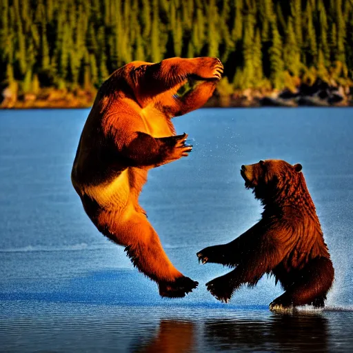 Image similar to kodiak bears kung - fu fighting on a lakefront using salmon as weapons, dusk, 8 k, hdr, cinematic, rule of thirds,