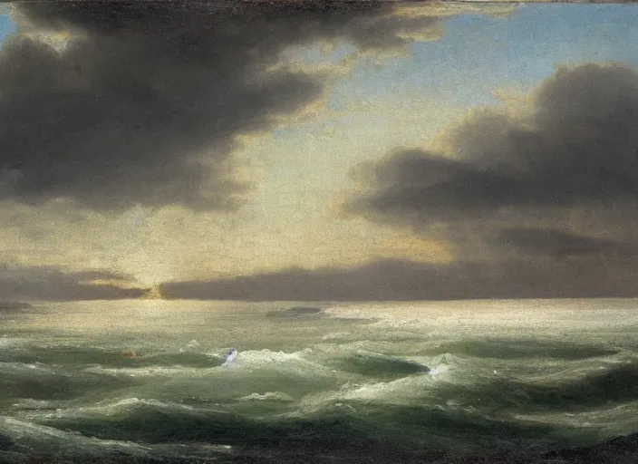 Image similar to the north sea ( doggerland ) frozen over and the water lowered during the last ice ages, in the style of hudson river school of art, oil on canvas