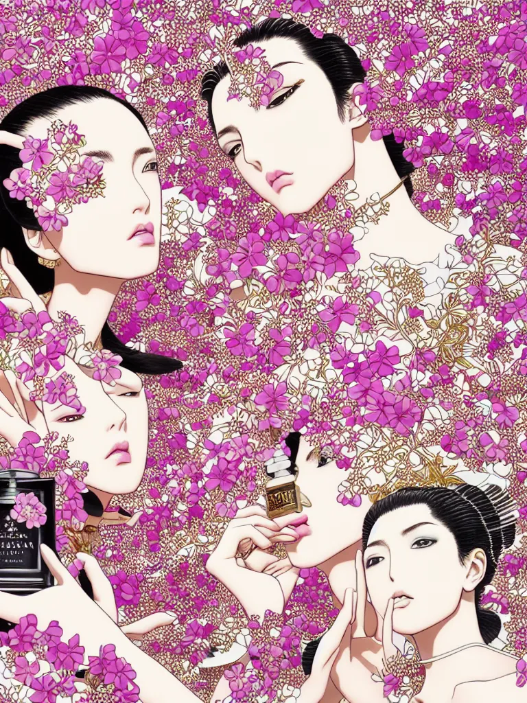 Image similar to fragrance advertising campaign by hirohiko araki, highly detailed, intricate, very beautiful