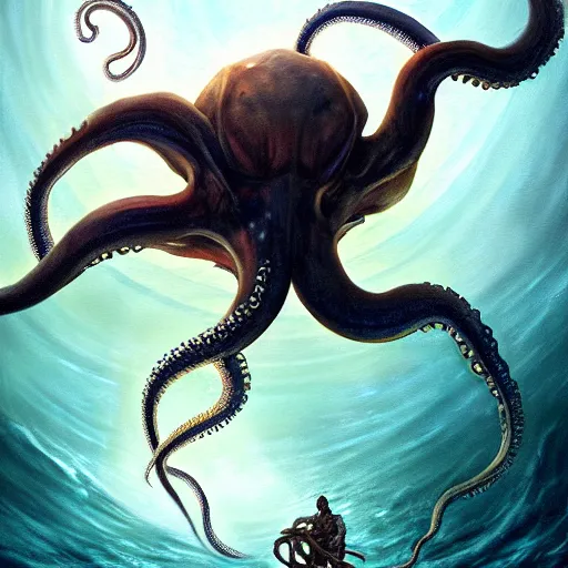 Image similar to a dream fantasy painting of a giant octopus in the deep of the ocean attack a man, by beksinki, giger, greg rutkowski, carne griffith trending on artstation, deviantart, photorealism