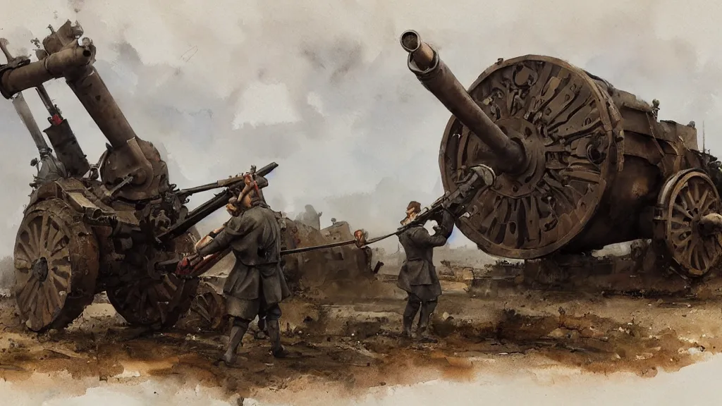 Image similar to big bertha artillery howitzer from world war i, watercolored, jakub rozalski, dark colours, dieselpunk, artstation