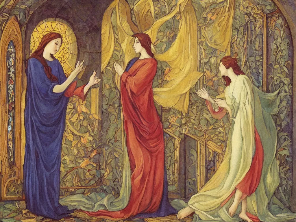 Prompt: oil painting of the annunciation in an art nouveau style