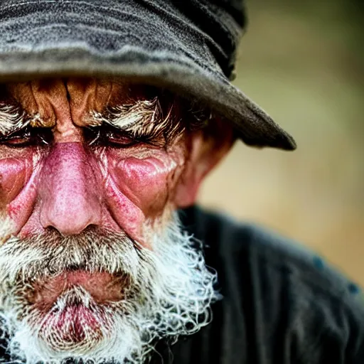 Image similar to a photographic portrait of a rugged elderly man with tears running down face by Martin Schoeller