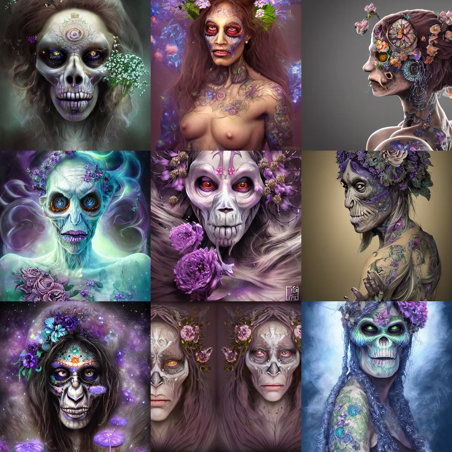 Prompt: a wlop 3 d render of very very very very highly detailed beautiful mystic portrait of a phantom undead female ape with whirling flowers and galaxy around, tattoos by anton pieck, intricate, extremely detailed, digital painting, artstation, concept art, smooth, sharp focus, illustration, intimidating lighting, incredible art,