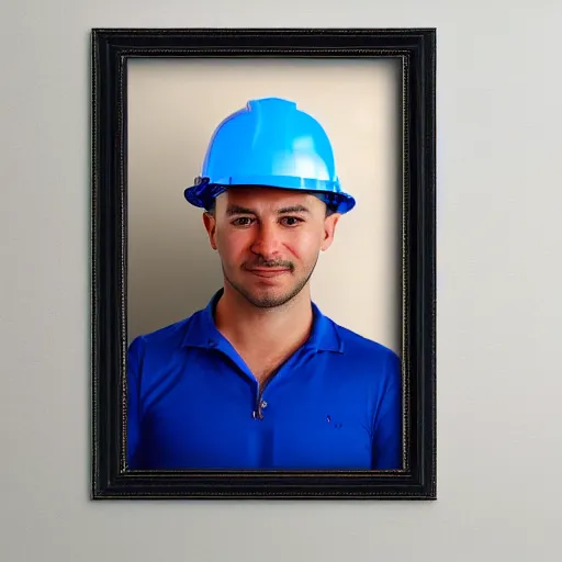 Image similar to an potrait of man with construction hat holding a package, the picture inside a photo frame, oil painting, 4K