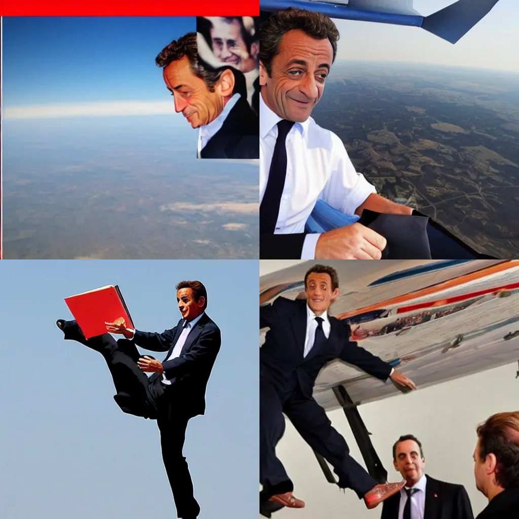 Prompt: photo of Nicolas Sarkozy jumping of a plane, a book is flying next to him