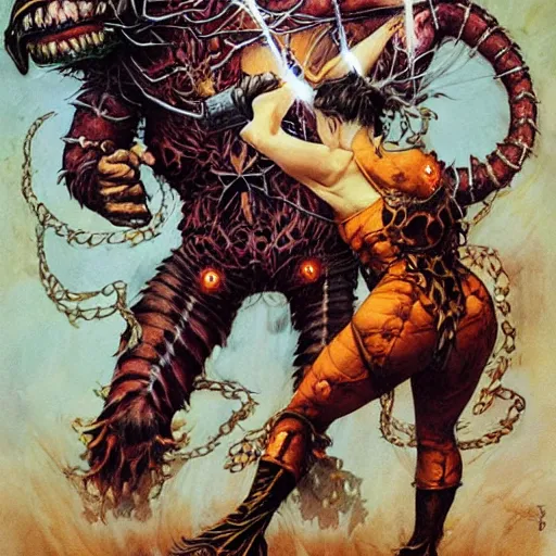Image similar to Woman fighting a monster, art by Stephen Hickman