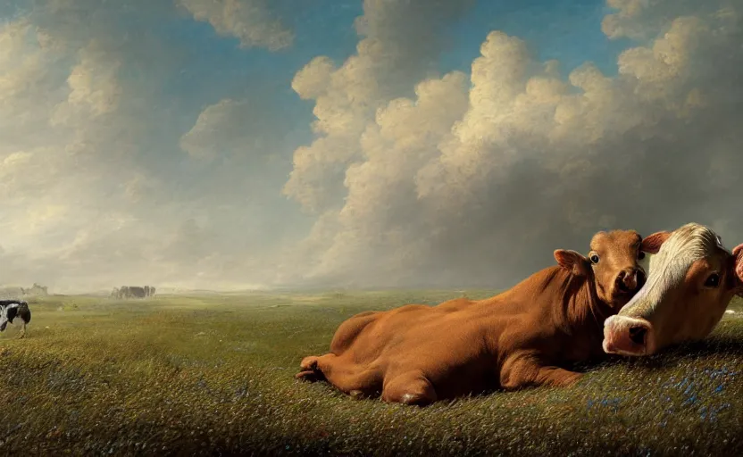 Image similar to a two headed brown calf ( ( laying down alone ) ) in a pasture, windy, stoic, modern, cgsociety, hyperdetailed, dramatic, stars, epic painting, shooting stars, painted by jean honore fragonard and greg rutkowski, full body, octane render, sharpness, 8 k, golden ratio