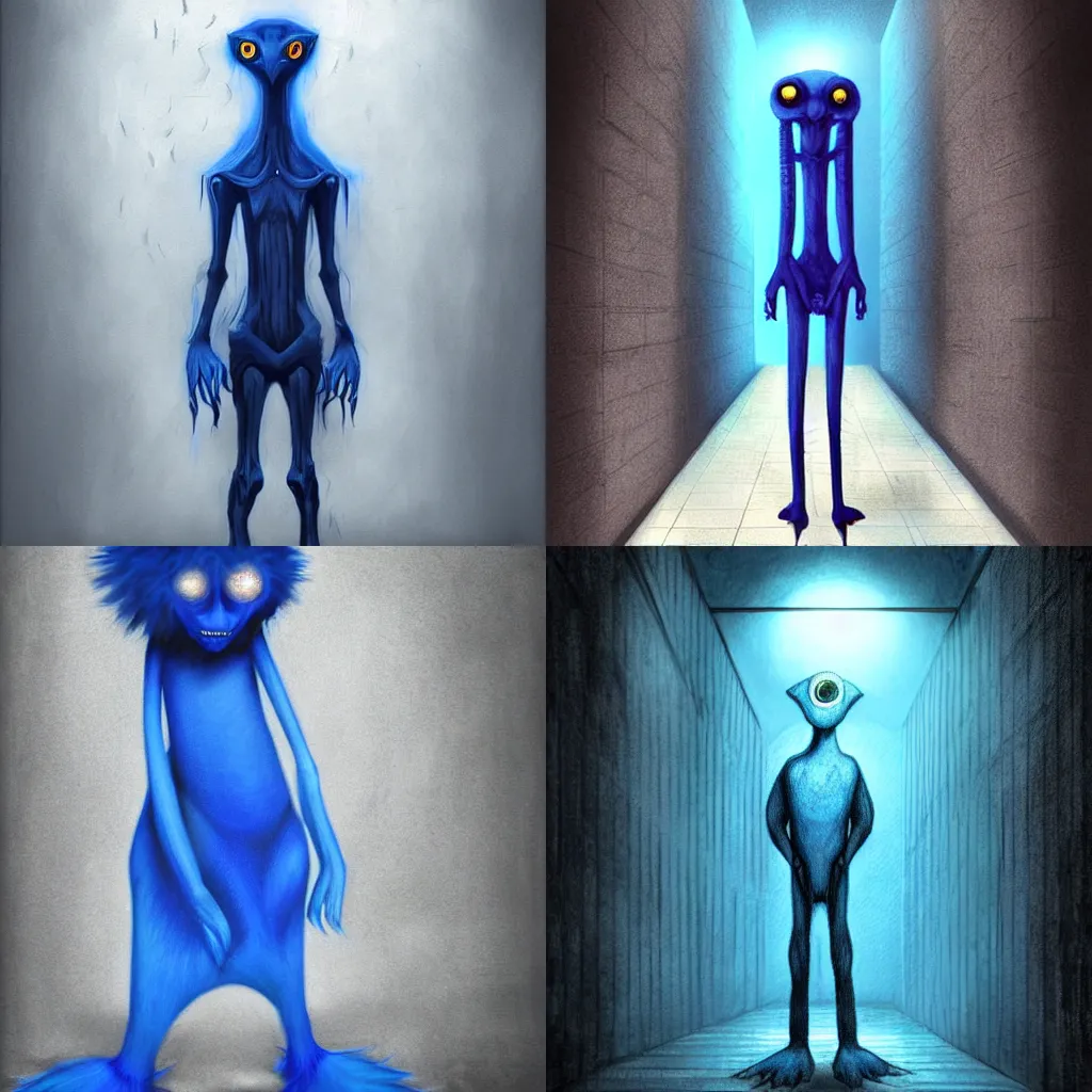 Prompt: A slender blue monster standing in the darkness of a hallway, digital art, realistic, art station trending