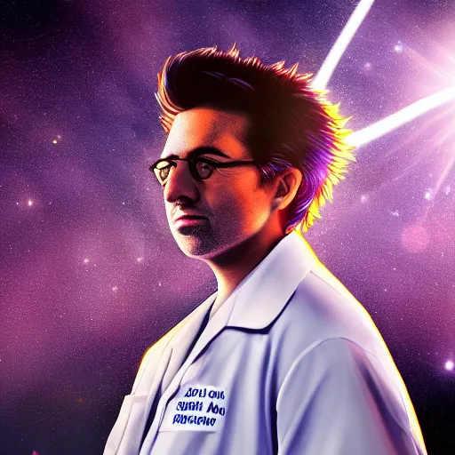 Prompt: portrait of rick sanchez, lab coat and tee shirt, lens flare, atmosphere, glow, detailed, intricate, full of colour, cinematic lighting, 4 k, hyperrealistic, focused, extreme details, cinematic, masterpiece