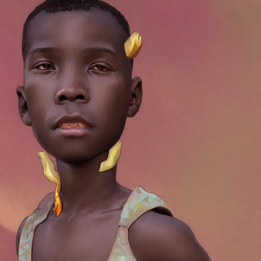 Image similar to colourful upper half portrait of an african boy with sliver teeth grillz, art by hsiao - ron cheng & alphonse mucha, highly detailed, digital painting, ray tracing, concept art, illustration, smooth sharp focus, intricate, symmetry, artstation,