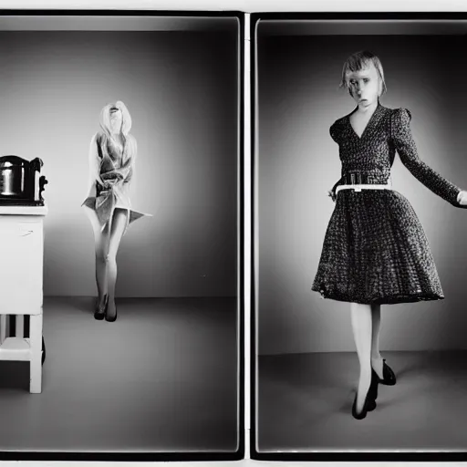 Image similar to medium format photograph of a surreal fashion shoot in the kitchen of house, camera flash