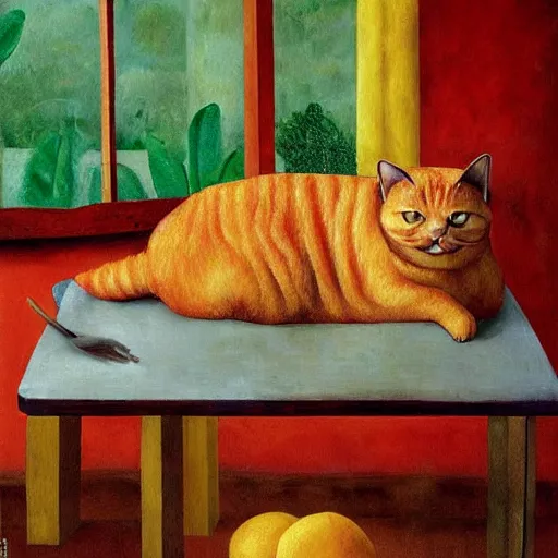 Prompt: fat orange tabby cat eating lasagna on a table, afternoon, by frida kahlo, neighborhood outside window