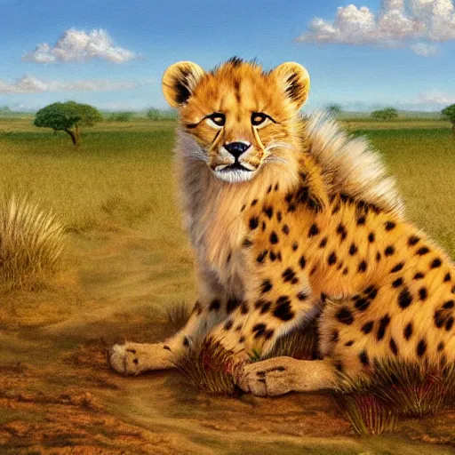 Prompt: cute fluffy hybrid animal cross between baby cheetah and lion with long mane sitting in african plains landscape detailed painting 4 k