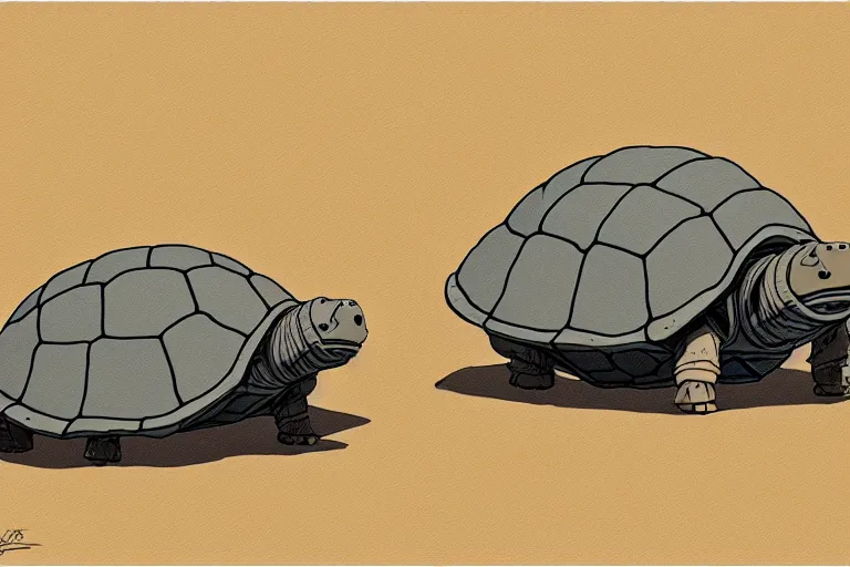 Prompt: a study of a cell shaded cartoon of a grey mechanized tortoise from howl's moving castle ( 2 0 0 4 ), on a desert road, full body, wide shot, very muted colors, post grunge, studio ghibli, laurie greasley, highly detailed, deviantart, art by artgem