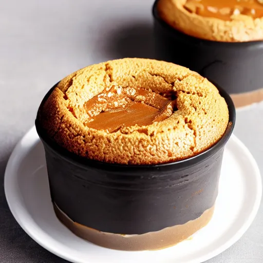 Prompt: a caramel toffee soufflé, cooked by a professional chef named santonio