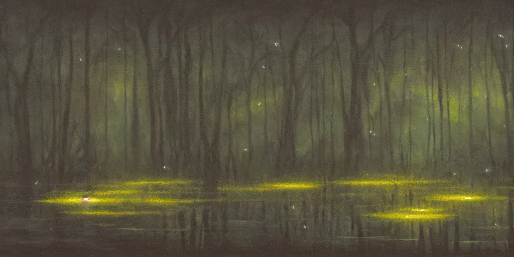 Image similar to painting of fireflies in a murky swamp, muted colors, mysterious, creepy