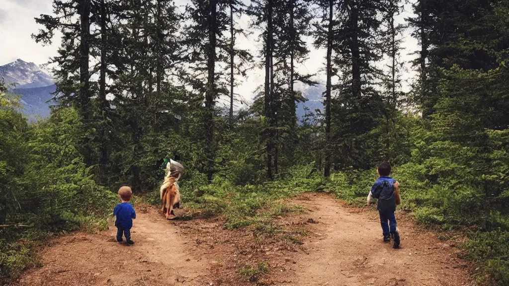 Image similar to “ one young boy in the middle of his parents, walk on a trail in forest, one golden retriever running happily, mountains in the background, highly detailed ”