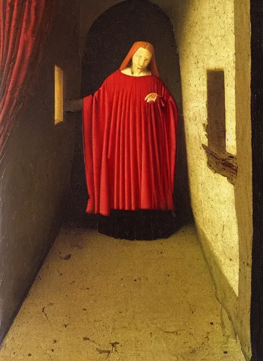 Image similar to Profile of Fallen Angel dressed in red, Medieval painting by Jan van Eyck, Johannes Vermeer, Florence