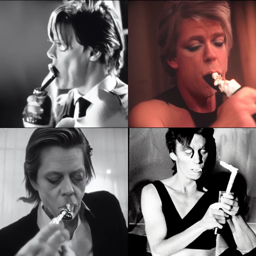 Prompt: Robert Palmer smoking a bong in a still from the addicted to love music video