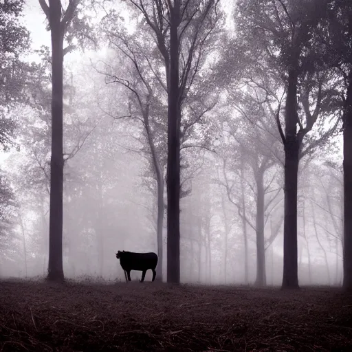 Image similar to Highly realistic painting of a cow standing in the middle of a dark forest, oak trees, fog, moody lighting, volumetric lighting