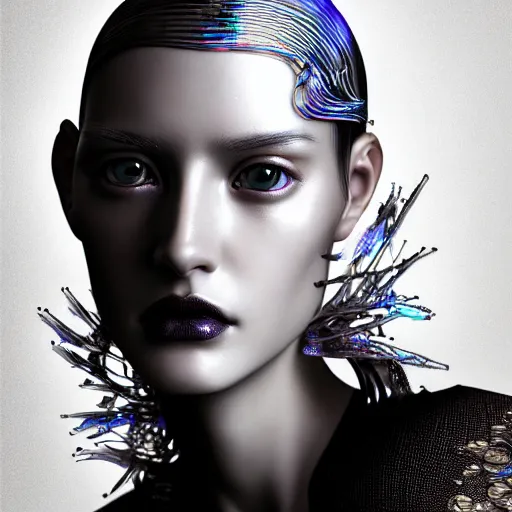 Image similar to the portrait of an absurdly beautiful, graceful, sophisticated, fashionable cyberpunk gravure idol, an ultrafine hyperdetailed illustration by kim jung gi, irakli nadar, matt wisniewski, fashion photography, intricate linework, iridescent wiring, porcelain skin, unreal engine 5 highly rendered, global illumination, radiant light, detailed and intricate environment