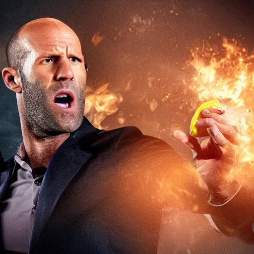 Prompt: ultra realistic professional photo of Jason Statham yelling at a lemon