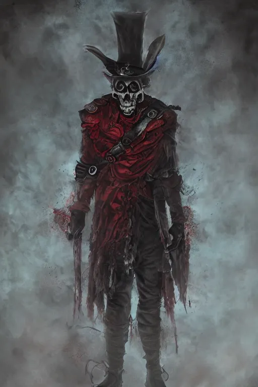 Image similar to the ghost - spirit of the grim - hatter wears the scarlet skull armor and blood crown, midnight fog - mist!, dark oil painting colors, realism, cinematic lighting, various refining methods, micro macro autofocus, ultra definition, award winning photo