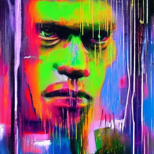 Image similar to rain like a dream, oil painting, cyberpunk, basquiat + francis bacon, elevated street art, fantasy lut, pink, blue, purple, green,