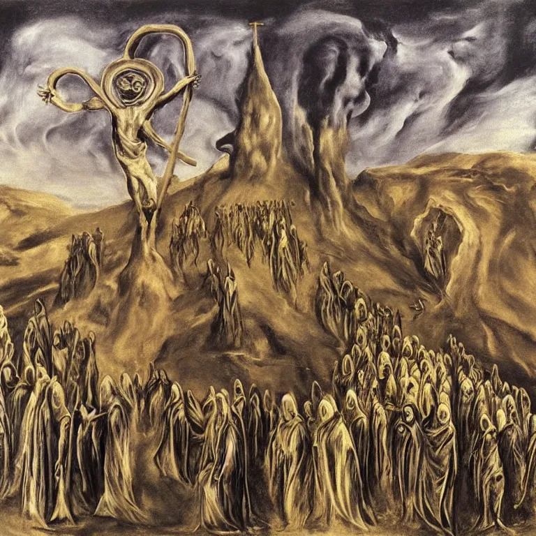 Image similar to A Holy Week procession of grim reapers in a lush Spanish landscape at night. A hooded figure at the front holds a cross. El Greco, Remedios Varo, Salvador Dalí, Zdzisław Beksiński. Technicolor.