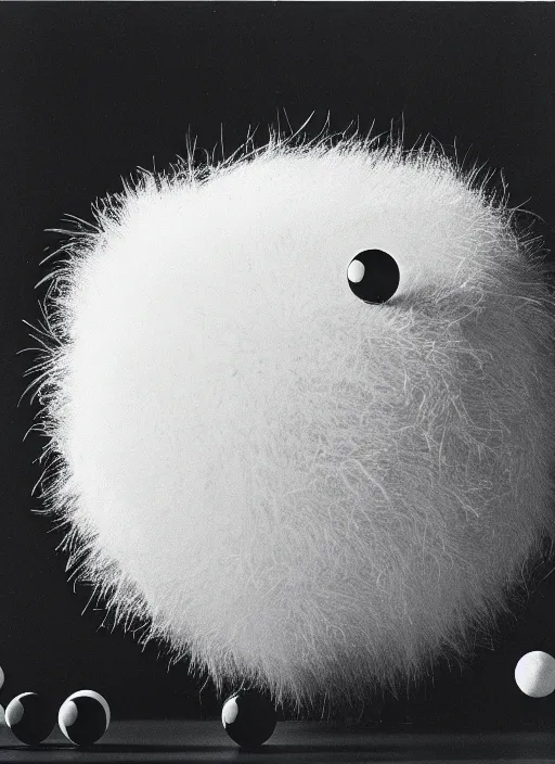 Prompt: realistic object photo of molecule made of black and white ping pong balls, hairy fluffy caterpillars, readymade, dadaism, fluxus, man ray, x - ray, electronic microscope 1 9 9 0, life magazine photo