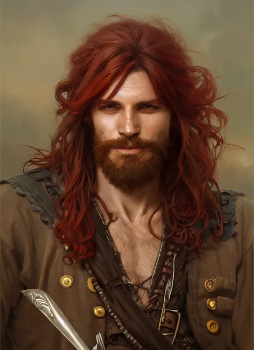 Image similar to portrait of a young ruggedly handsome but joyful pirate, male, masculine, upper body, red hair, long hair, d & d, fantasy, piercing eyes, intricate, elegant, highly detailed, digital painting, artstation, concept art, matte, sharp focus, illustration, art by artgerm and greg rutkowski and alphonse mucha