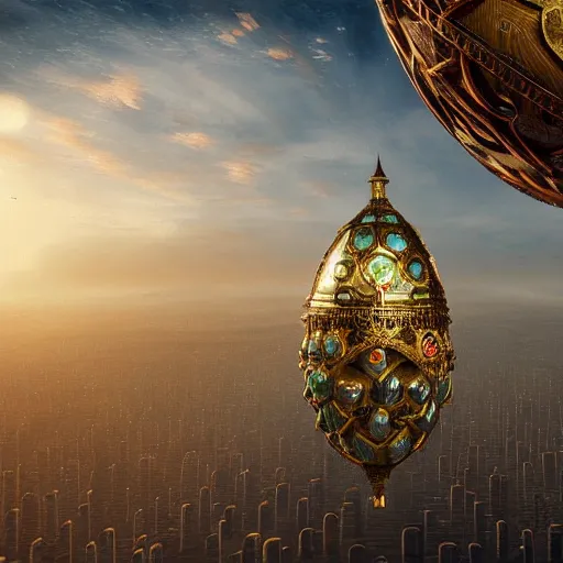 Image similar to enormous flying city in a faberge egg, sky, steampunk, fantasy art, unreal engine, aerial view