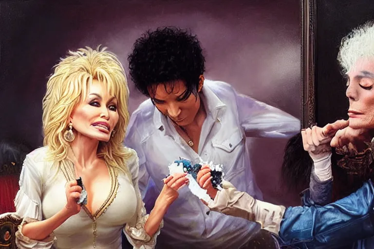 Image similar to portrait of dolly parton removing chewing gum from michael jacksons hair, an oil painting by ross tran and thomas kincade