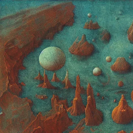Prompt: aerial shot of fantastic machinery terraforming Venus, in the style of zdzisław beksiński, composition by hieronymus bosch