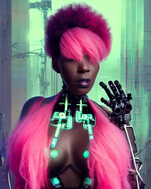 Image similar to portrait of a beautiful black woman with pink hair as a cyberpunk cyborg half robot, revealing wires and electronics, sci - fi, missing panels, intricate abstract upper body intricate artwork, concept art, octane render, deviantart, cinematic, key art, hyperrealism, iridescent accents, portrait photograph, nikon 3 5 mm, photograph by greg rutkowski