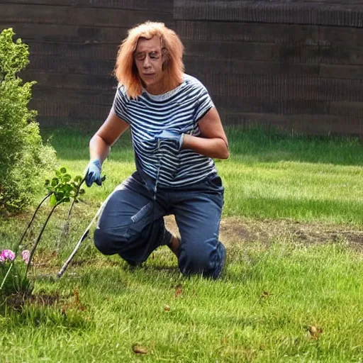 Image similar to a beautiful and mad canadian woman, on her knees, pulling weeds out frantically, some grey hair, stripey pants,