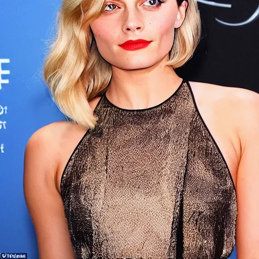 Image similar to a woman who is a genetic combination of margot robbie and emma watson face and upper - body focus