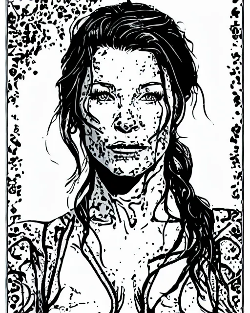 Image similar to portrait of evangeline lilly, stencil, coloring book, line art, simple, low detail