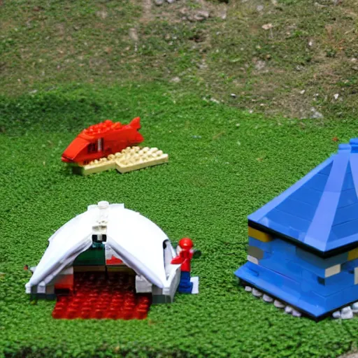 Image similar to lego sculpture of a tent and a huge salmon, thoughtful, elegant, real